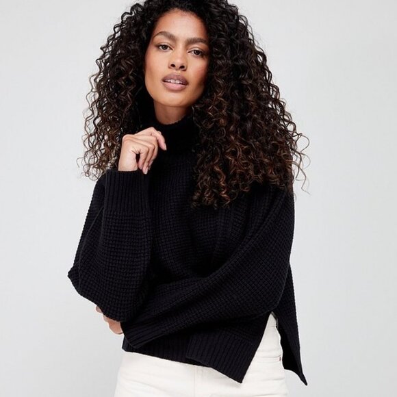 3/ $30 or FREE WITH PURCHASE over $40 Black Ribbed Mock Neck Split Hem Sweater - Picture 1 of 16